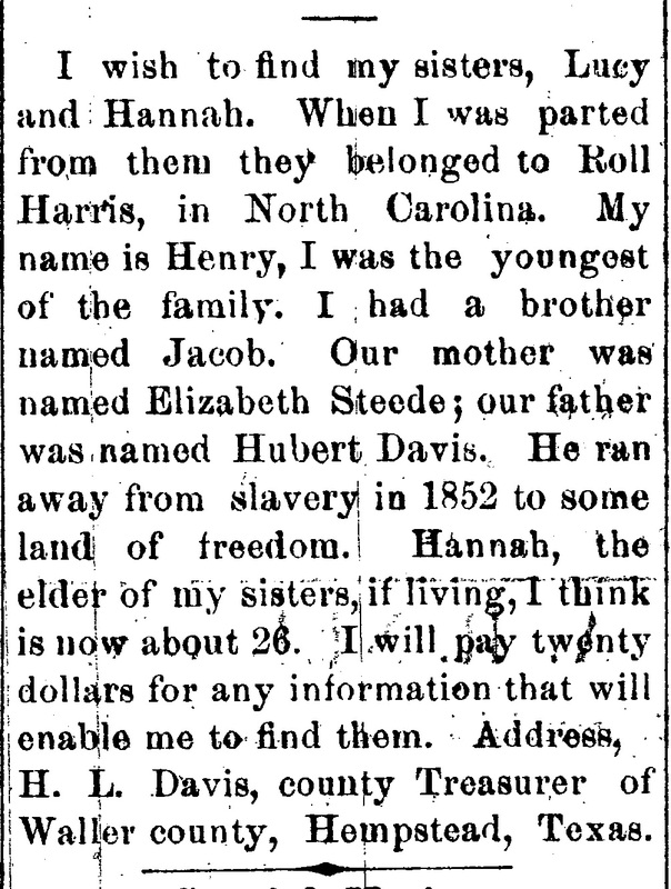 Henry L. Davis searching for his sisters Lucy and Hannah