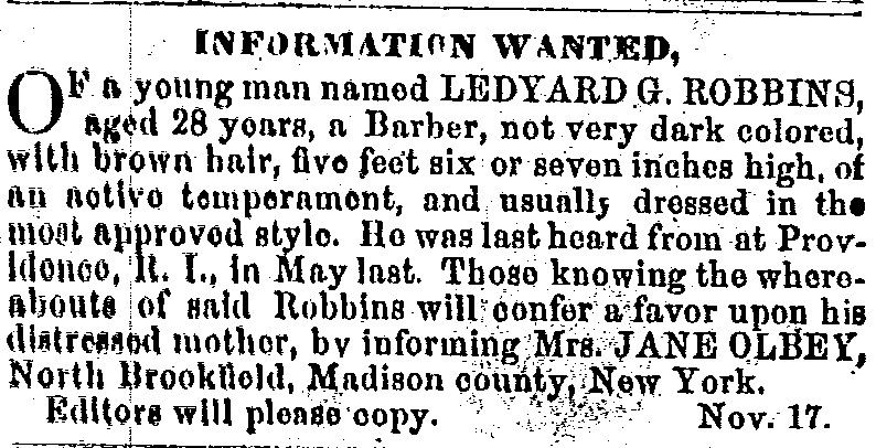 Mrs. Jane Olbey seeking information about her son Ledyard G. Robbins