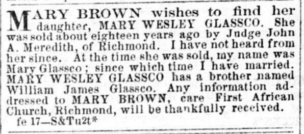 Mary Brown (formerly Mary Glassco) searching for her daughter Mary Wesley Glassco