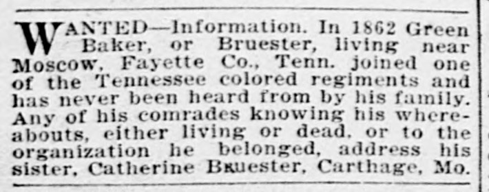 Catherine Bruester searching for her brother Green Baker (or Bruester)