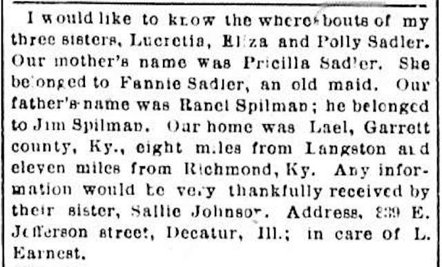 Sallie Johnson seeking her sisters Lucretia, Eliza, and Polly Sadler