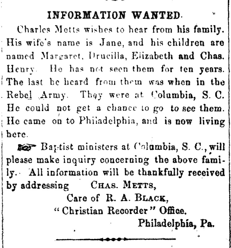 Charles Metts searching for wife Jane and children Margaret, Drucilla, Elizabeth, and Chas.