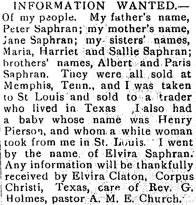 Elvira Claton searching for her parents Peter and Jane Saphran and several siblings