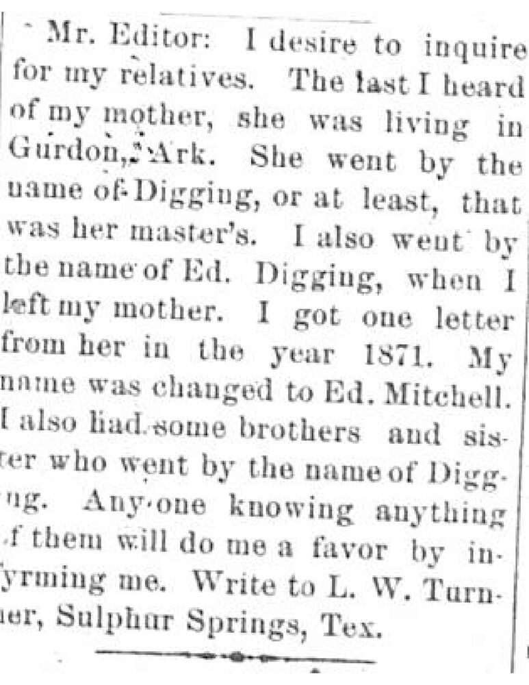 L. W. Turner (formerly Ed. Mitchell and Ed. Digging) searching for his mother