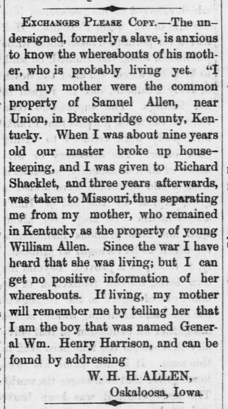 W.H.H. Allen (formerly named General William Henry Harrison) searching for his mother