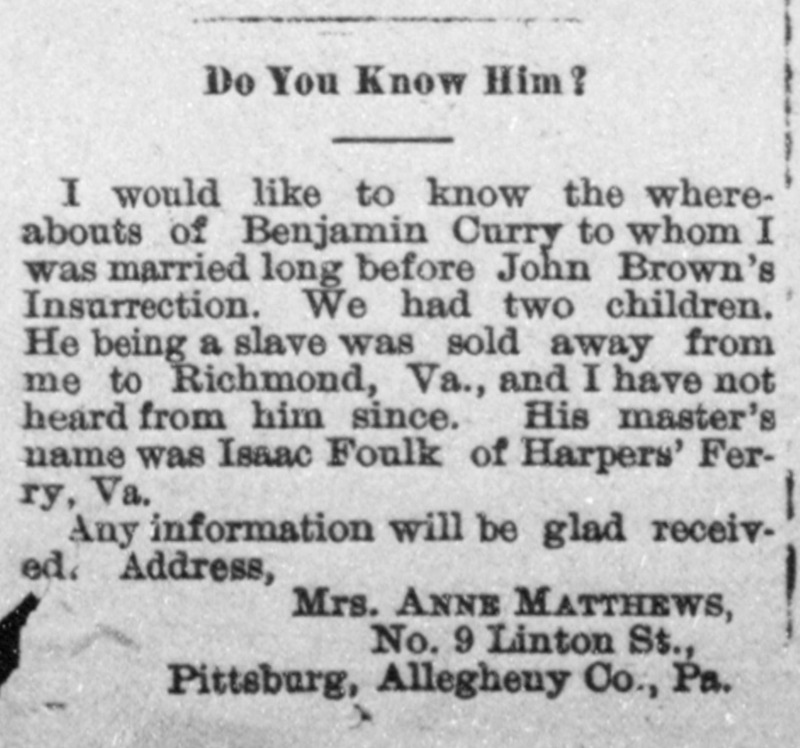 Mrs. Anne Matthews searching for her husband, Benjamin Curry