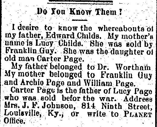 Mrs. J. F. Johnson seeking information about her parents Edward and Lucy Childs 