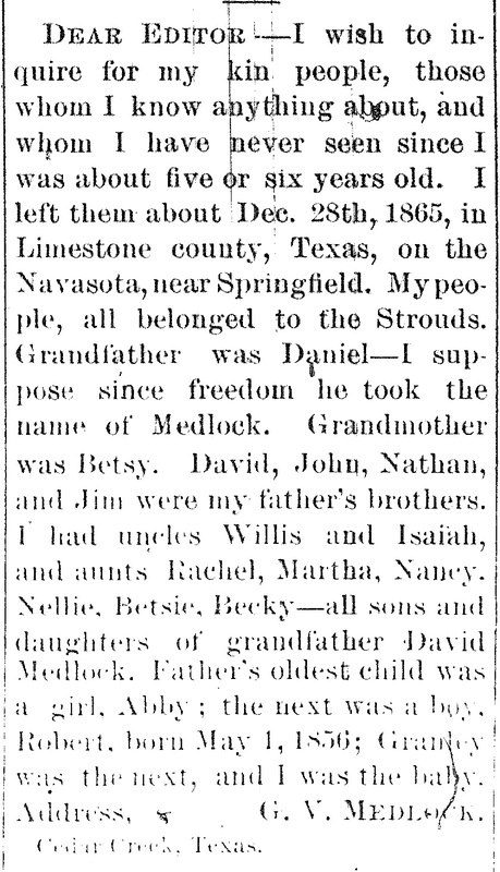 G. V. Medlock searching for his grandfather Daniel, grandmother Betsy as well as several aunts and uncles