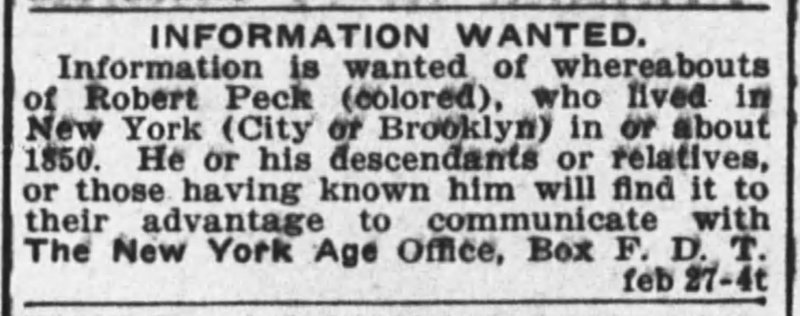 Unnamed person searching for Robert Peck 