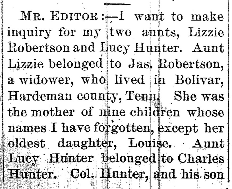 Mary Jane Renfro searching for her aunts Lizzie Robertson and Lucy Hunter