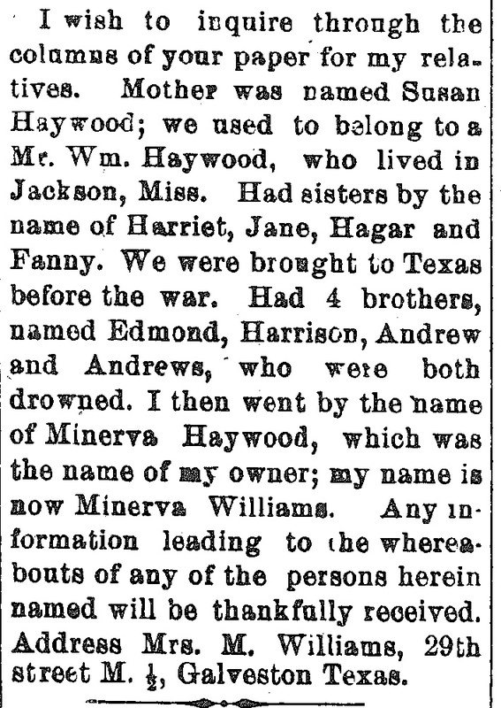 M. Williams looking for her mother Susan Haywood and siblings Harriet, Jane, Hagar, Fanny, Edmond, and Harrison