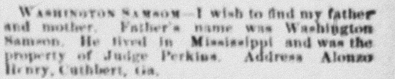 Alonzo Henry searching for his father, Washington Samson, and unnamed mother
