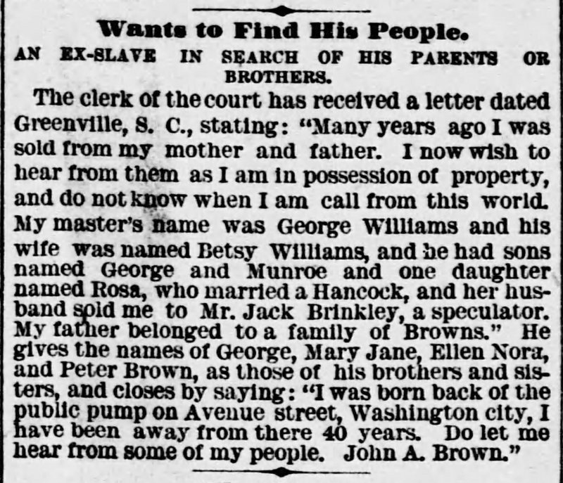 John A. Brown searching for his parents and siblings George, Mary Jane, Ellen Nora, and Peter Brown