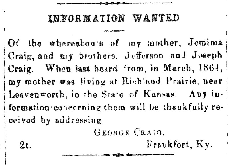 George Craig searching for mother Jemima and his brothers Jefferson and Joseph