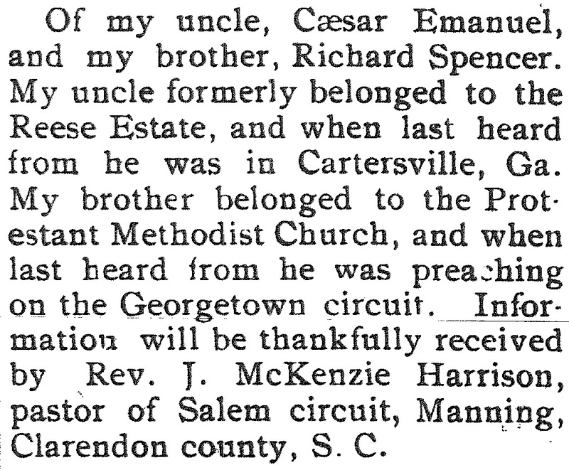 Rev. J. K. McKenzie Harrison searching for information about his uncle Caesar Emanuel and brother Richard Spencer (1st of 2 ads)