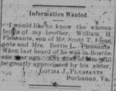 Louisa J. Pleasants seeking William H. Pleasants