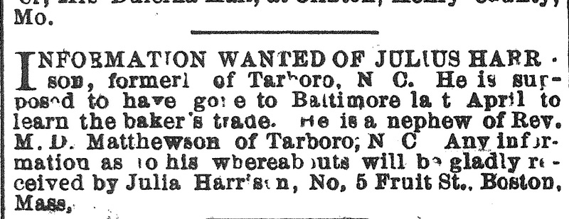 Julia Harrison seeking information about her brother Julius Harrison (1st of 2 ads)