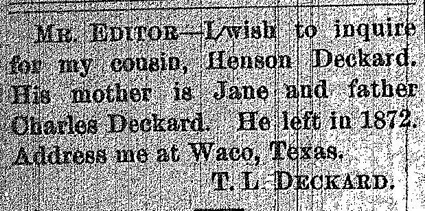 T. L. Deckard searching for their cousin Henson Deckard