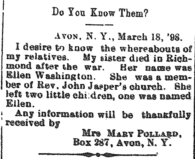 Mrs. Mary Pollard looking for her deceased sister&#039;s children Ellen and another unnamed child