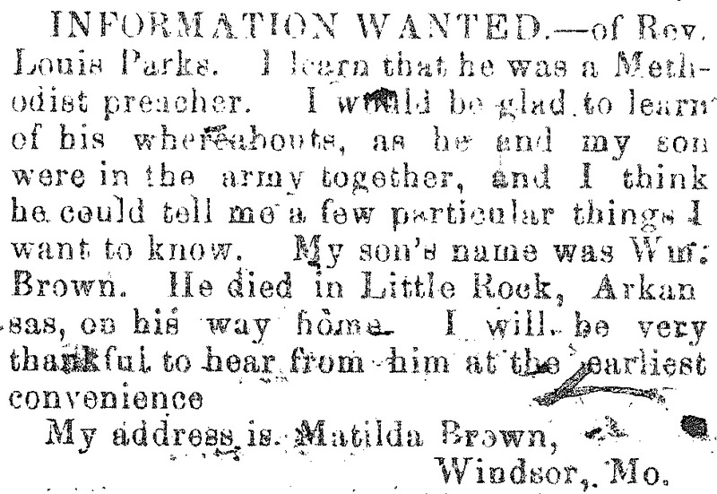 Matilda Brown looking for information about Rev. Louis Parks