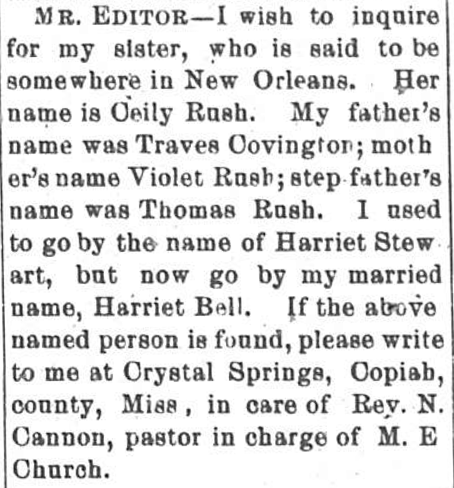 Harriet Bell (formerly Harriet Stewart) seeking her sister Ceily Rush