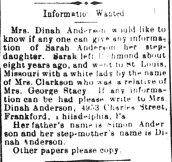 Dinah Anderson seeking information about her step-daughter Sarah Anderson