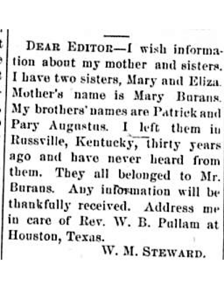 W. M. Steward searching for his mother Mary Burans and his siblings