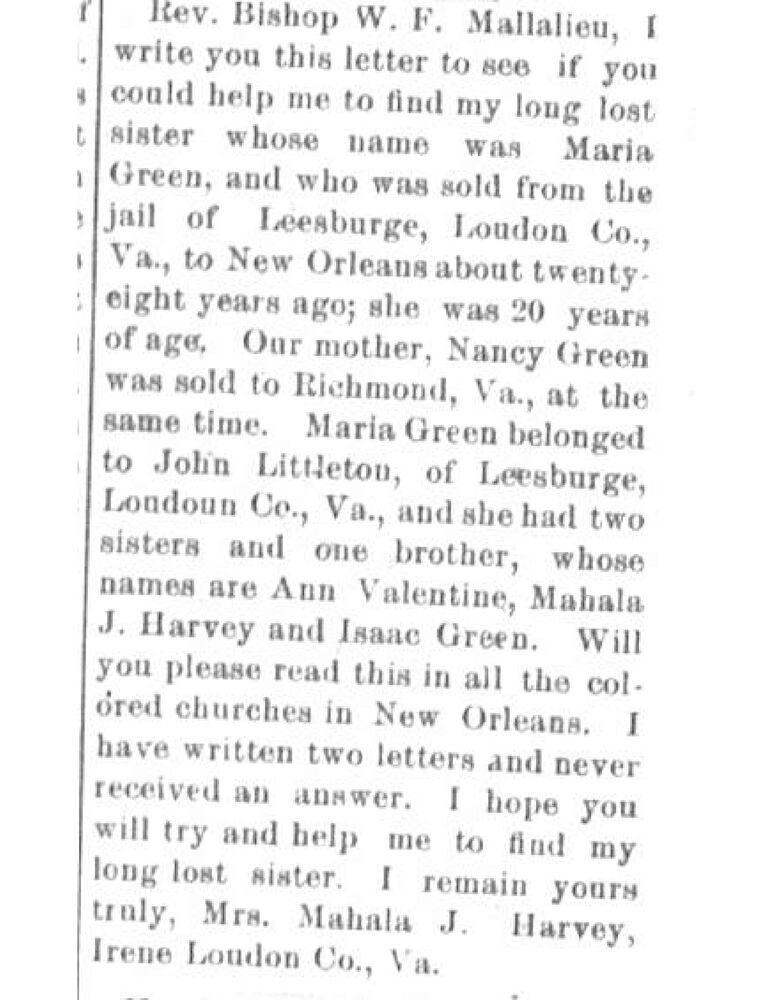 Mrs. Mahala Harvey searching for her sister Maria Green