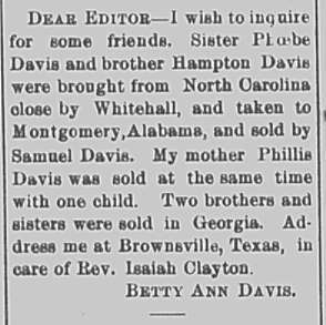 Betty Ann Davis seeking her siblings Phoebe and Hampton Davis