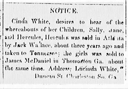 Lucinda (Cinda) White searching for her children.