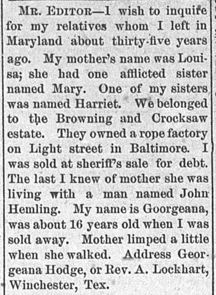 Georgeana Hodge seeking her mother