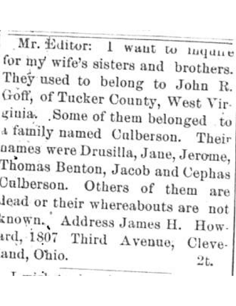 James H. Howard searching for his wife&#039;s siblings Drusilla, Jane, Jerome, Thomas Benton, Jacob Culberson, and Cephas Culberson