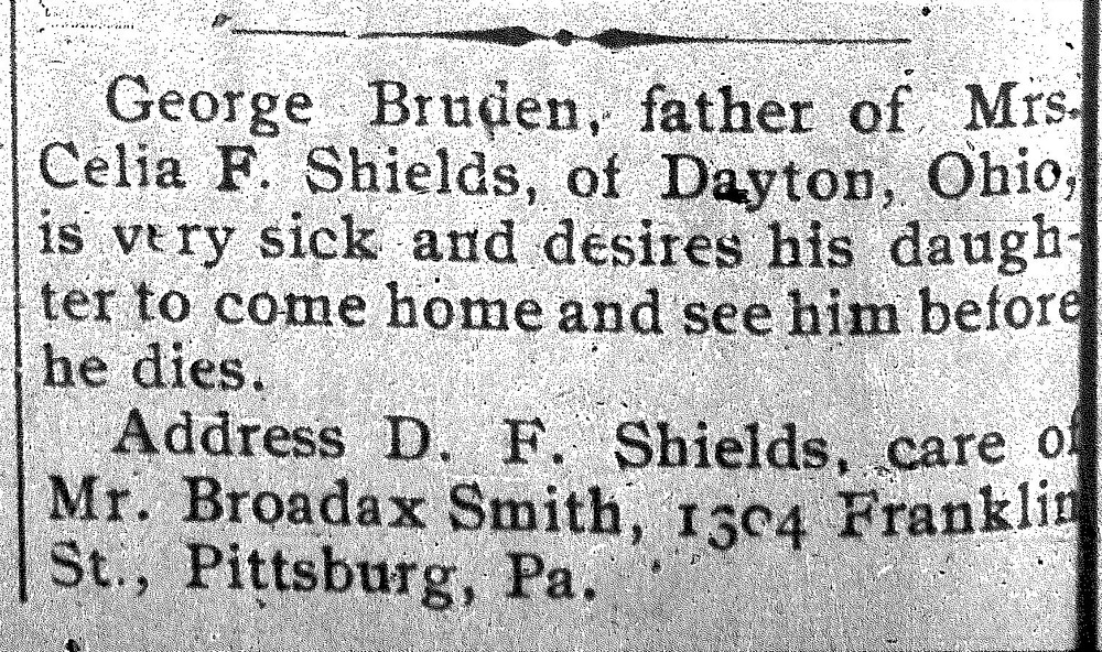 George Bruden searching for daughter Mrs. Celia F. Shields