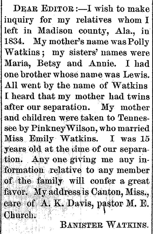 Banister Watkins searching for their mother and siblings