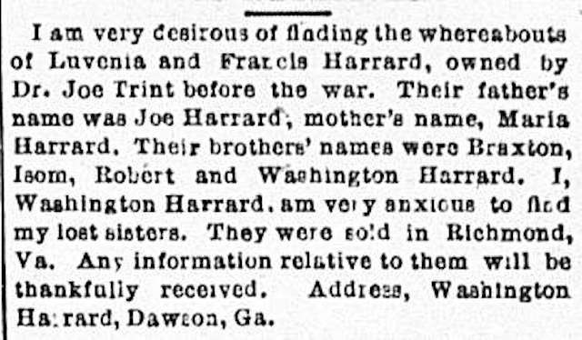 Washington Harrard seeking his sisters Luvenia and Francis Harrard