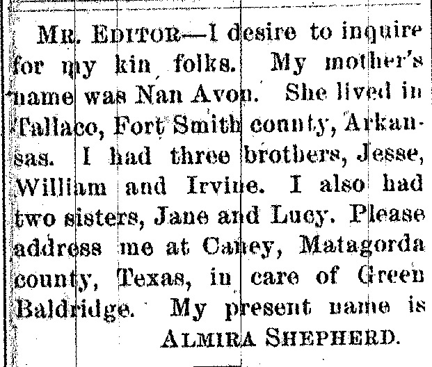 Almira Shepherd seeking her mother Nan Avon and siblings Jesse, William, Irvine, Jane, and Lucy