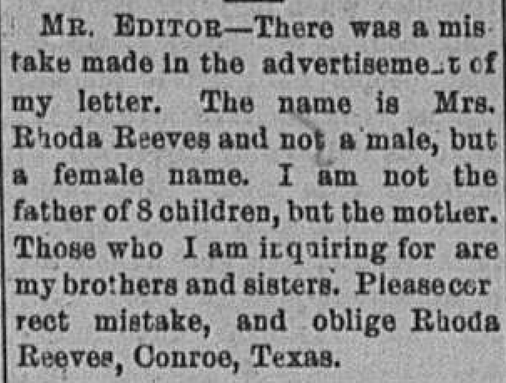 Mrs. Rhoda Reeves correcting her previous advertisement and seeking her brothers and sisters