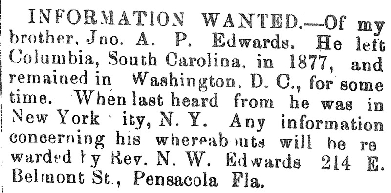 Rev. N. W. Edwards looking for his brother Jno. A. P. Edwards