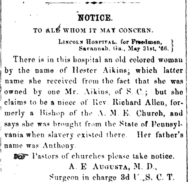 A. E. Augusta, M.D. searching for relatives of patient named Hester Aikins