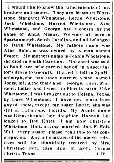 Mrs. Christine Whetstone Holt searching for her siblings Missouri, Margaret, Lettie, and Jack Whetstone