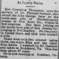 Rev. Cornelius Thompson seeking his relatives, including Annie Elza and Elza Annie