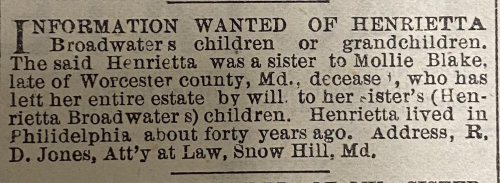 R. D. Jones searching for the children or grandchildren of Henrietta Broadwater