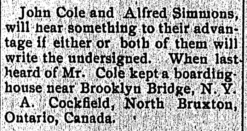 A. Cockfield seeking information on John Cole or Alfred Simmons