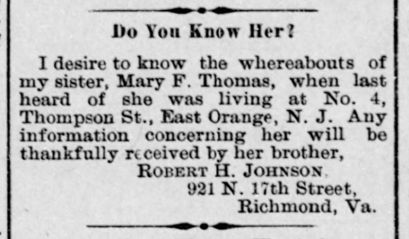 Robert H. Johnson searching for his sister Mary F. Thomas 