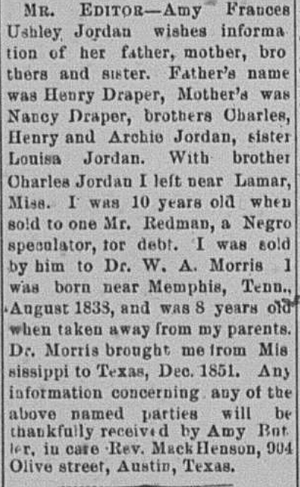 Amy Frances Ushley Jordan (or Amy Butler) seeking her parents Henry and Nancy Draper