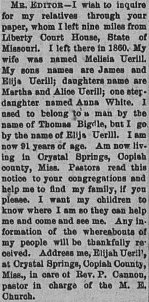 Elijah Uerill seeking his wife Melisia Uerill, children James, Elija, Martha, and Alice Uerill, and stepdaughter Anna White