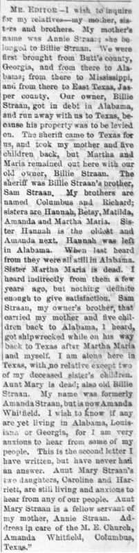 Amanda Whitfield (formerly Amanda Straan) searching for her mother, Annie Straan, sisters Hannah, Betsy, Matilda, and Martha Maria, and brothers Columbus and Richard