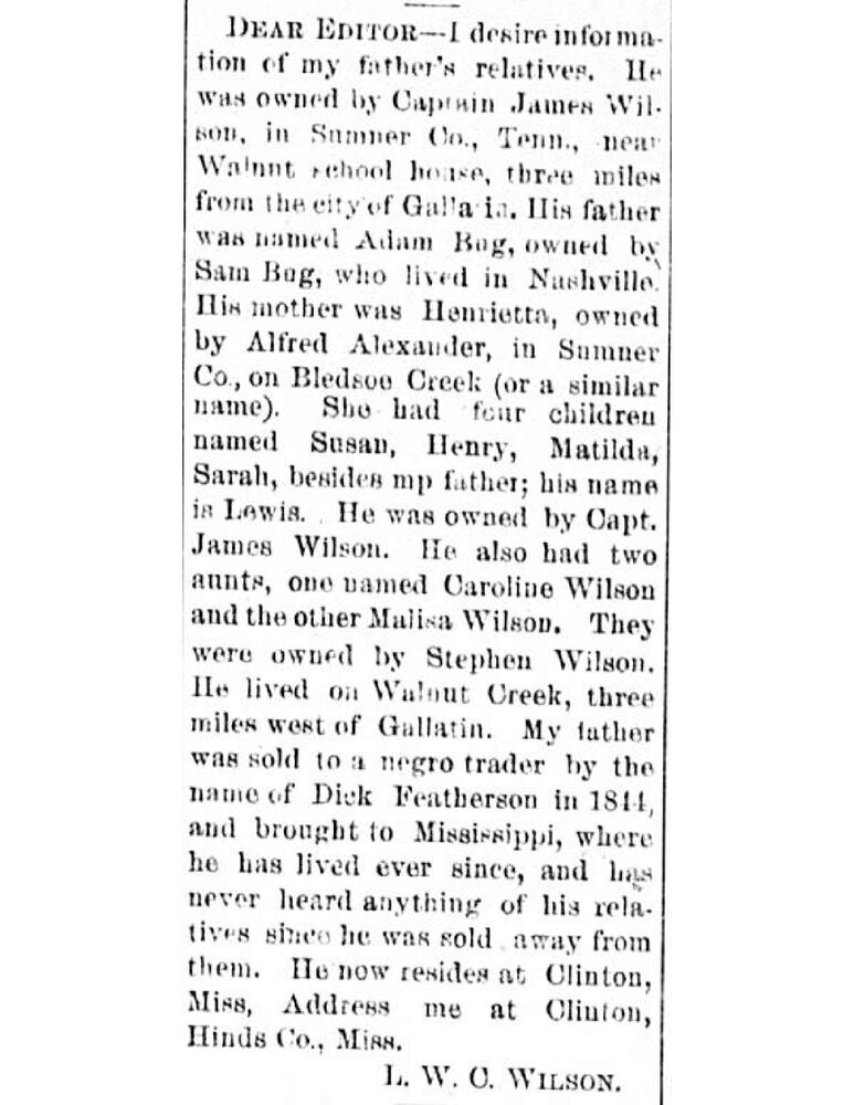 L. W. C. Wilson searching for his father&#039;s relatives, including his father&#039;s mother Henrietta