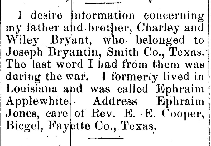 Ephraim Jones (formerly Ephraim Applewhite) looking for father Charley Bryant and brother Wiley Bryant