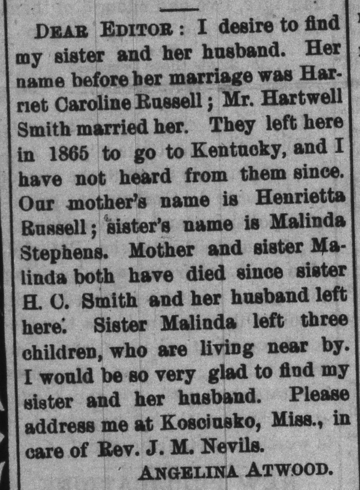 Angelina Atwood seeking her sister Harriet Caroline Smith (formerly Harriet Caroline Russell) and brother-in-law Mr. Hartwell Smith